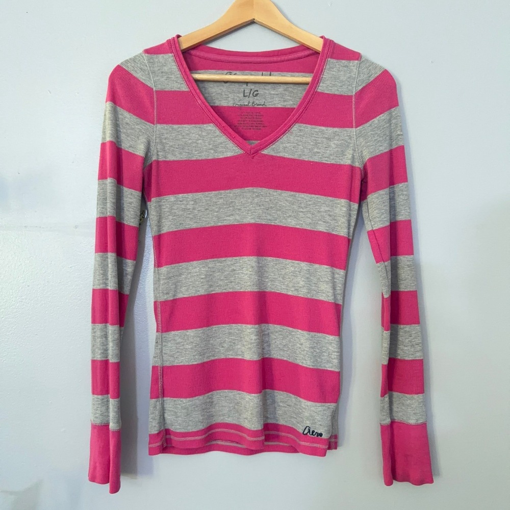 Aeropostale Womens Large Pink Grey Striped V-Neck Long Sleeve Thermal Top